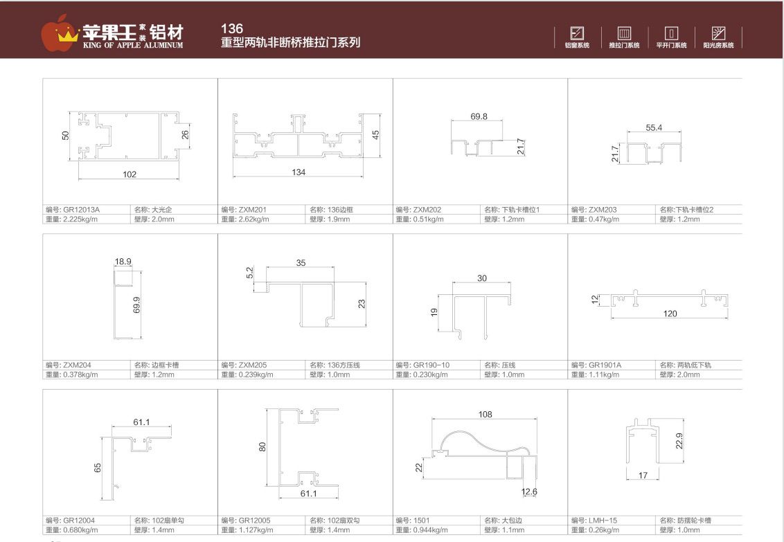 136重型两轨非断桥推拉门系列